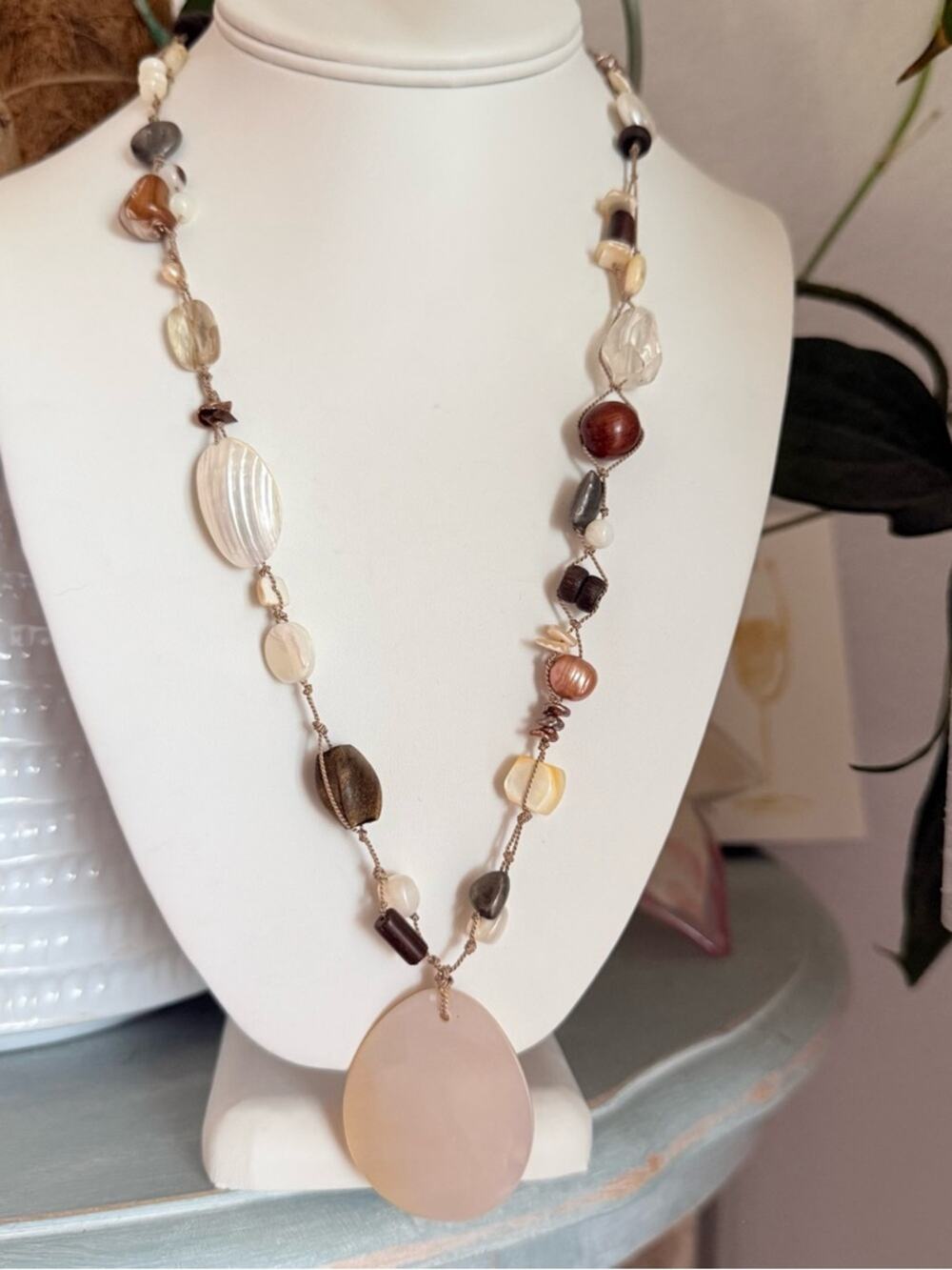 Peyote Bird Mother of Pearl Pendant & Stone Beads Necklace